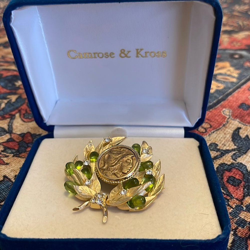 Camrose & Kross Bronze Brooch Faux Peridot Crystals 
Signed JBK
2" X 2" Round